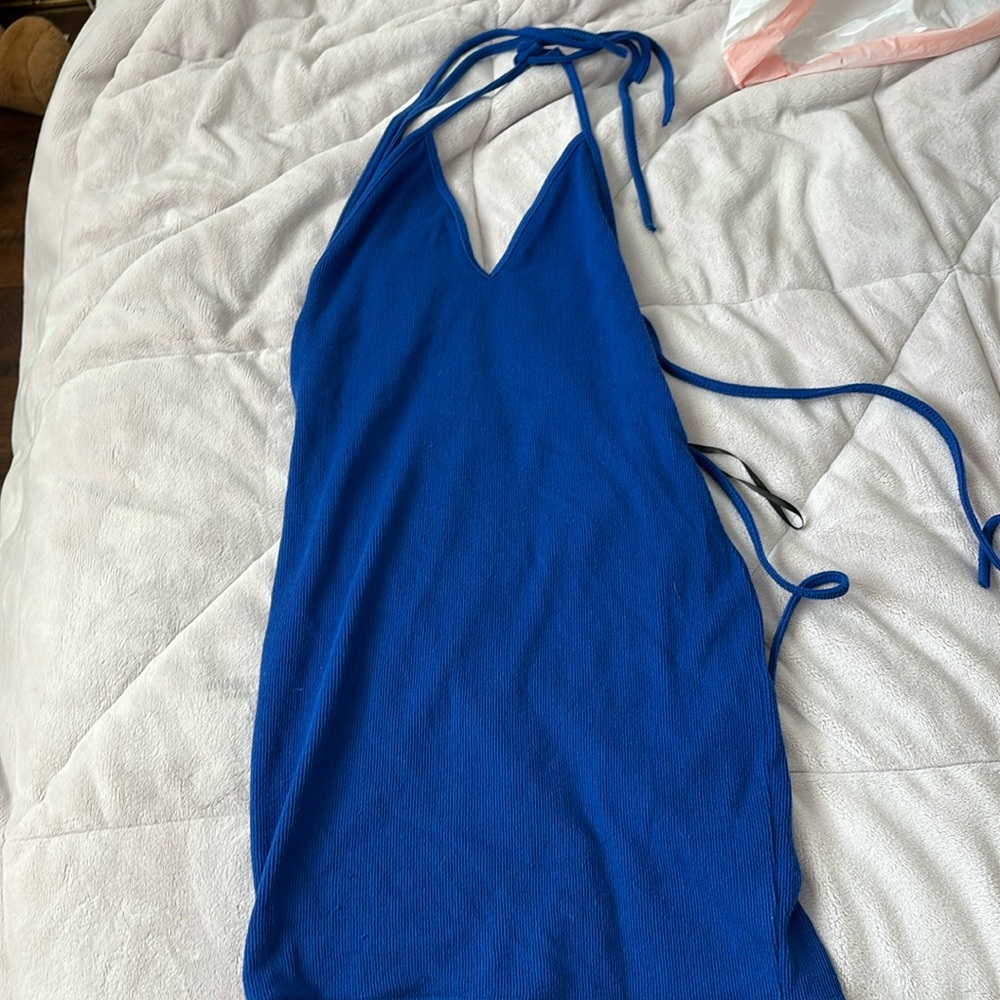 blue backless tie body con dress